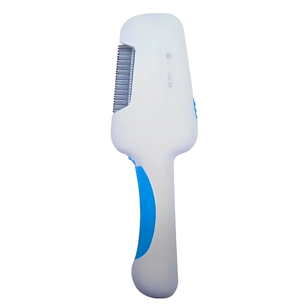 Elektrischer Läusekamm in Weiß und Blau mit feinen Zinken und ergonomischem Griff.