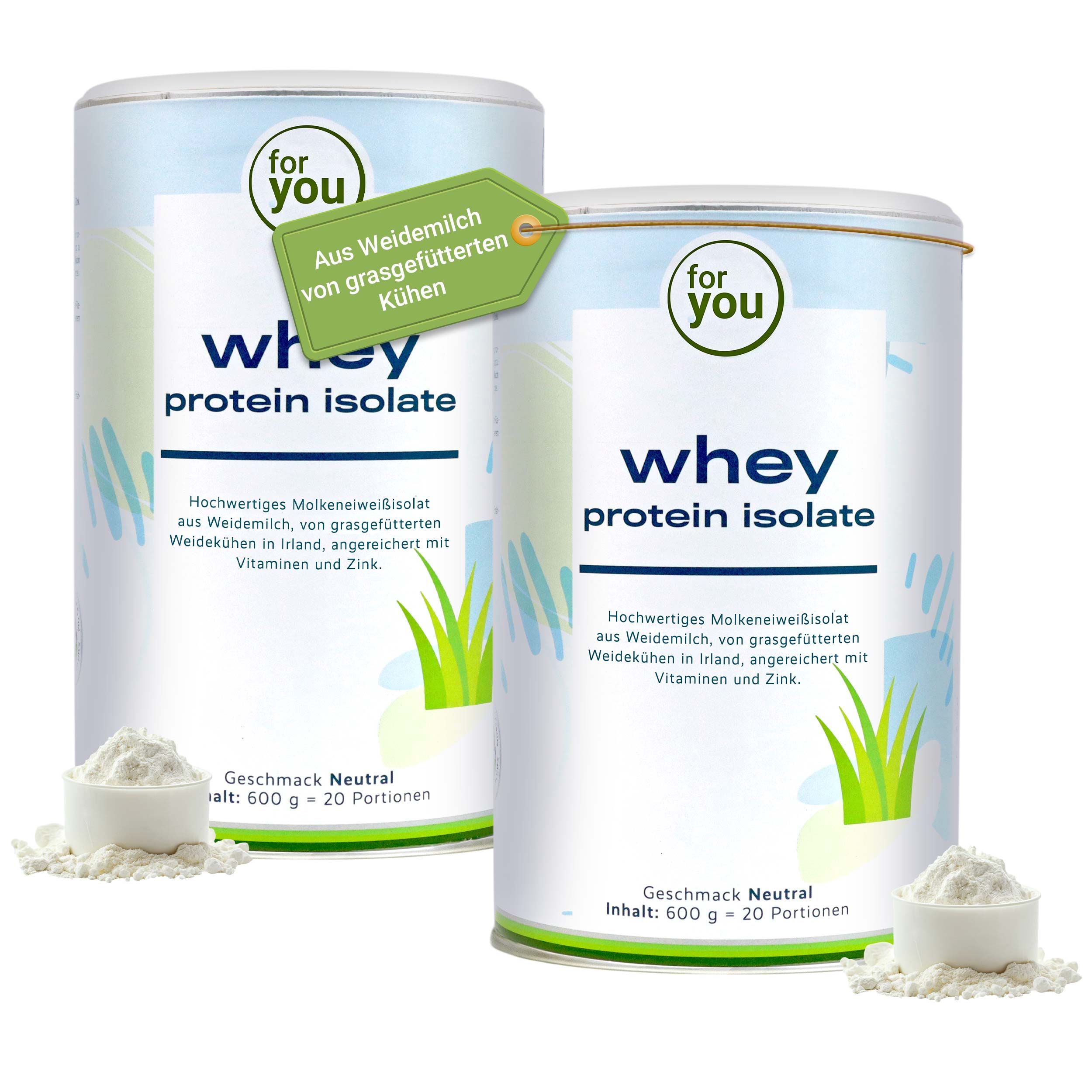 Zwei Dosen Whey Protein Isolate. Aus Weidemilch von grasgefütterten Kühen.
