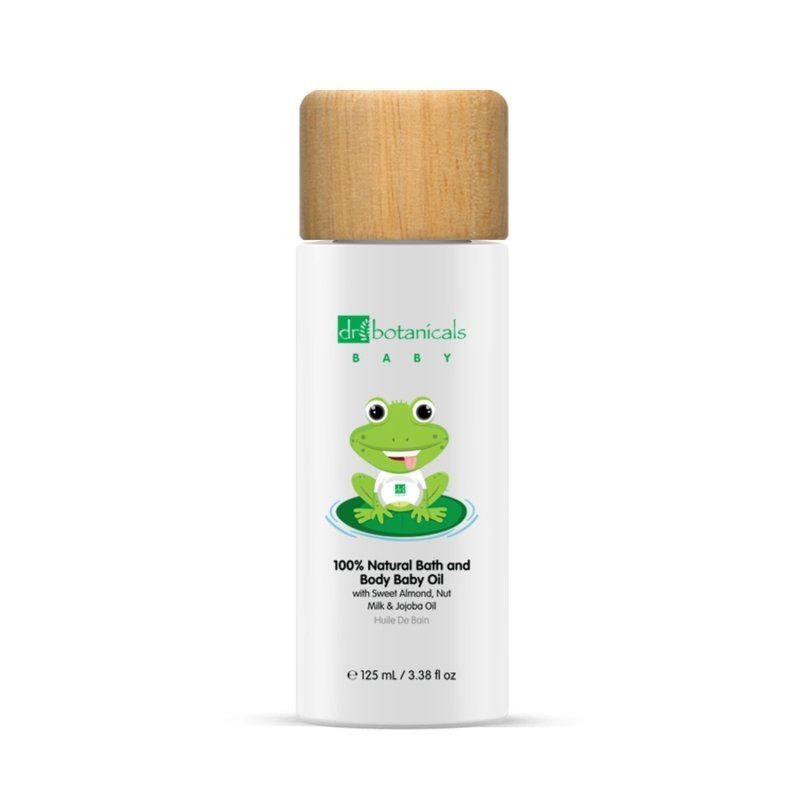 Dr. Botanicals Babyöl Flasche mit Frosch-Illustration und Holzdeckel.