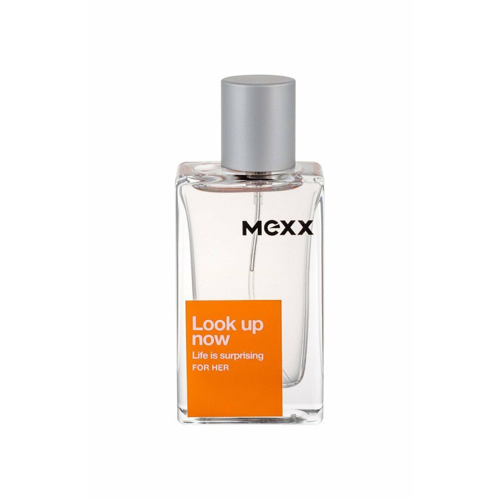 Klarer Flakon mit silbernem Verschluss. Aufkleber mit Text: Look up now, Life is surprising FOR HER. Marke: MEXX.