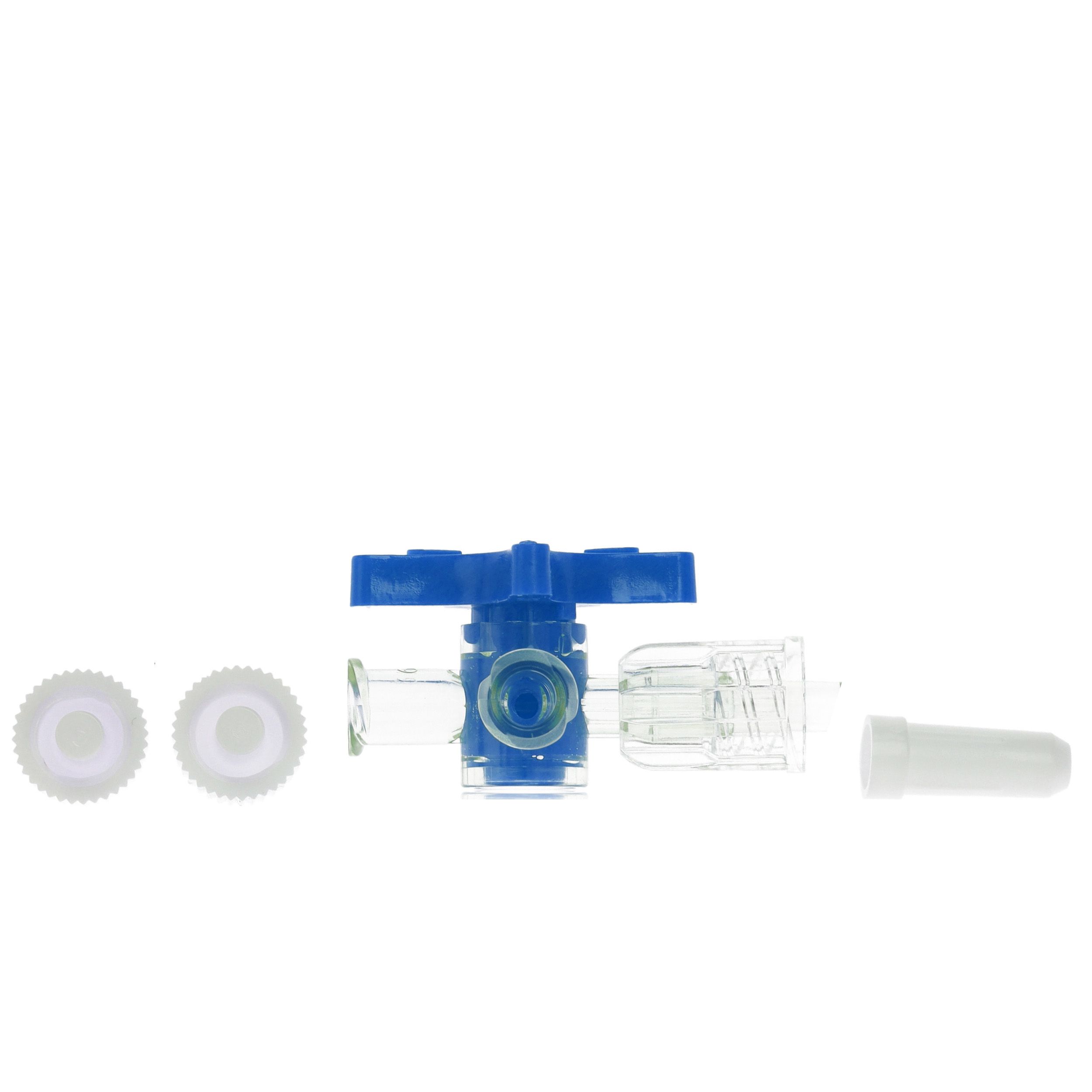 Dreiwegehahn, blau. Einzelteile: transparentes Gehäuse, blauer Drehgriff, weiße Anschlüsse.