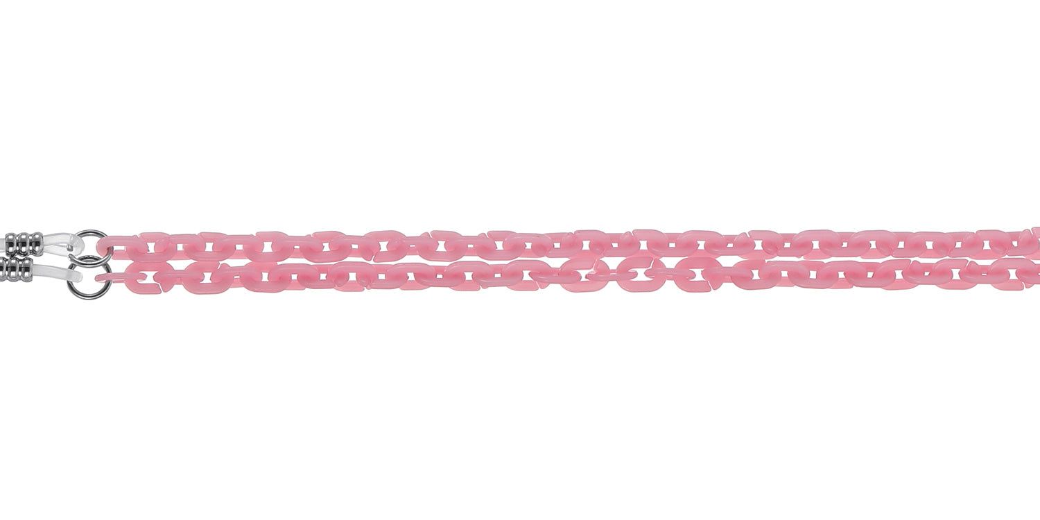 Rosa Brillenkette. Kettendesign. Metallenden zur Befestigung an Brillenbügeln. Auf weißem Hintergrund.