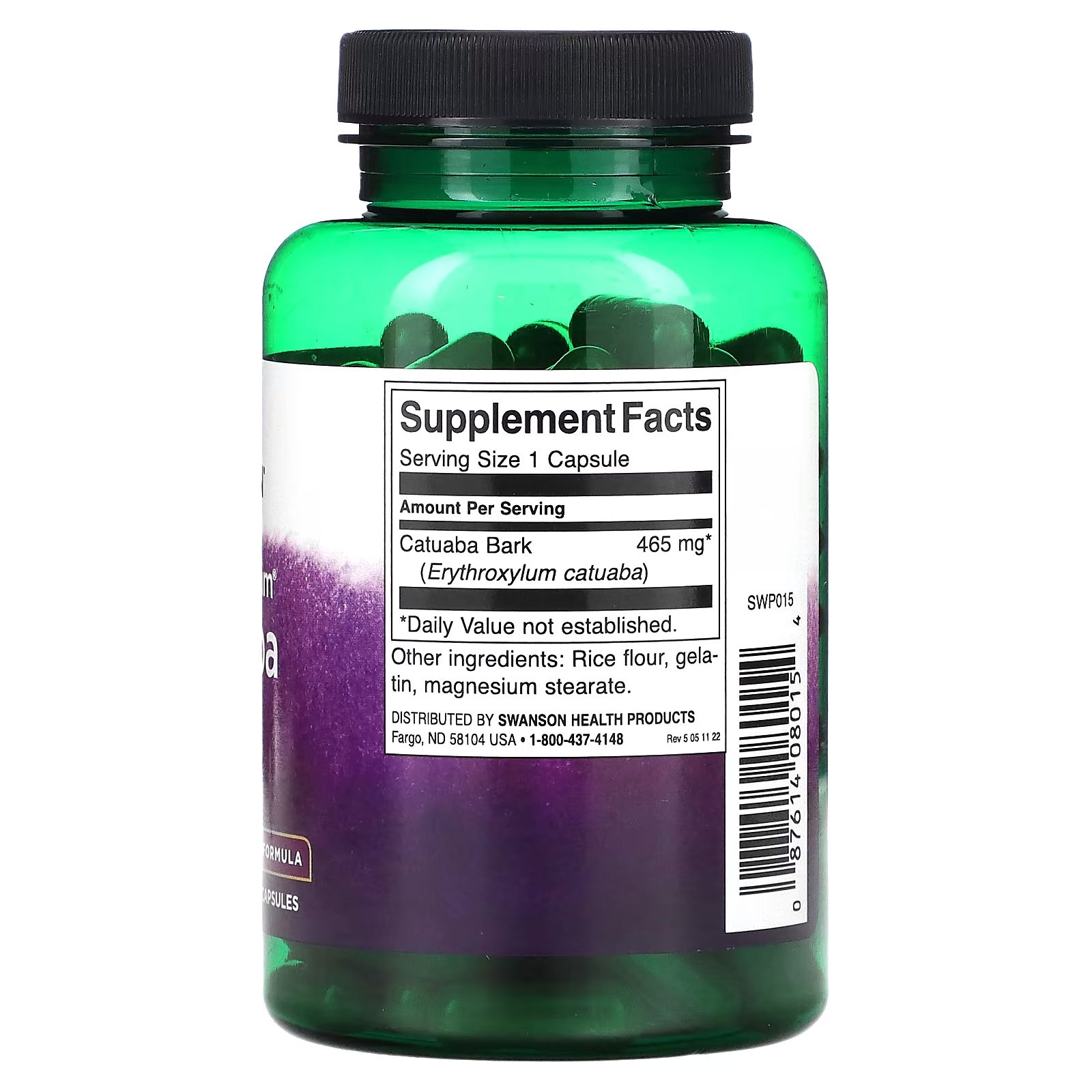 Grüne Flasche mit Etikett. Enthält Informationen zu Catuaba Bark, 465 mg pro Portion. Zutatenliste.