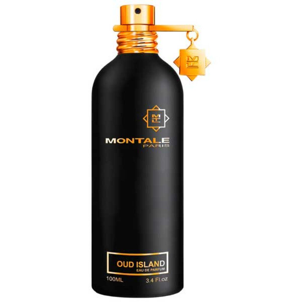 Schwarze Montale Oud Island Eau de Parfum Flasche mit goldenem Verschluss und Anhänger. 100ml.