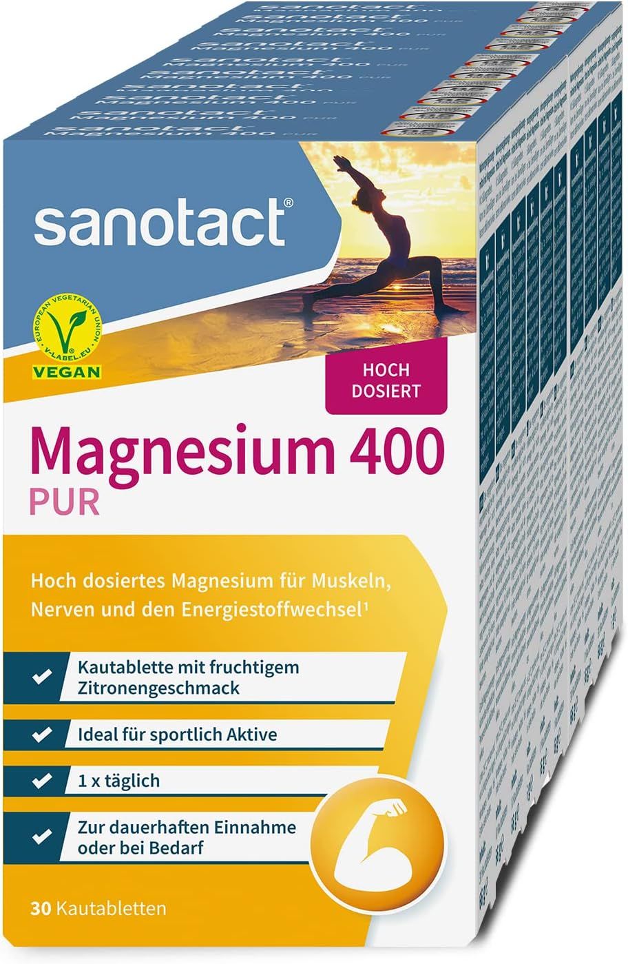 Mehrere Packungen sanotact Magnesium 400. Text: Magnesium 400 PUR. 30 Kautabletten. Vegan-Siegel. Bild einer Person, die Yoga macht.