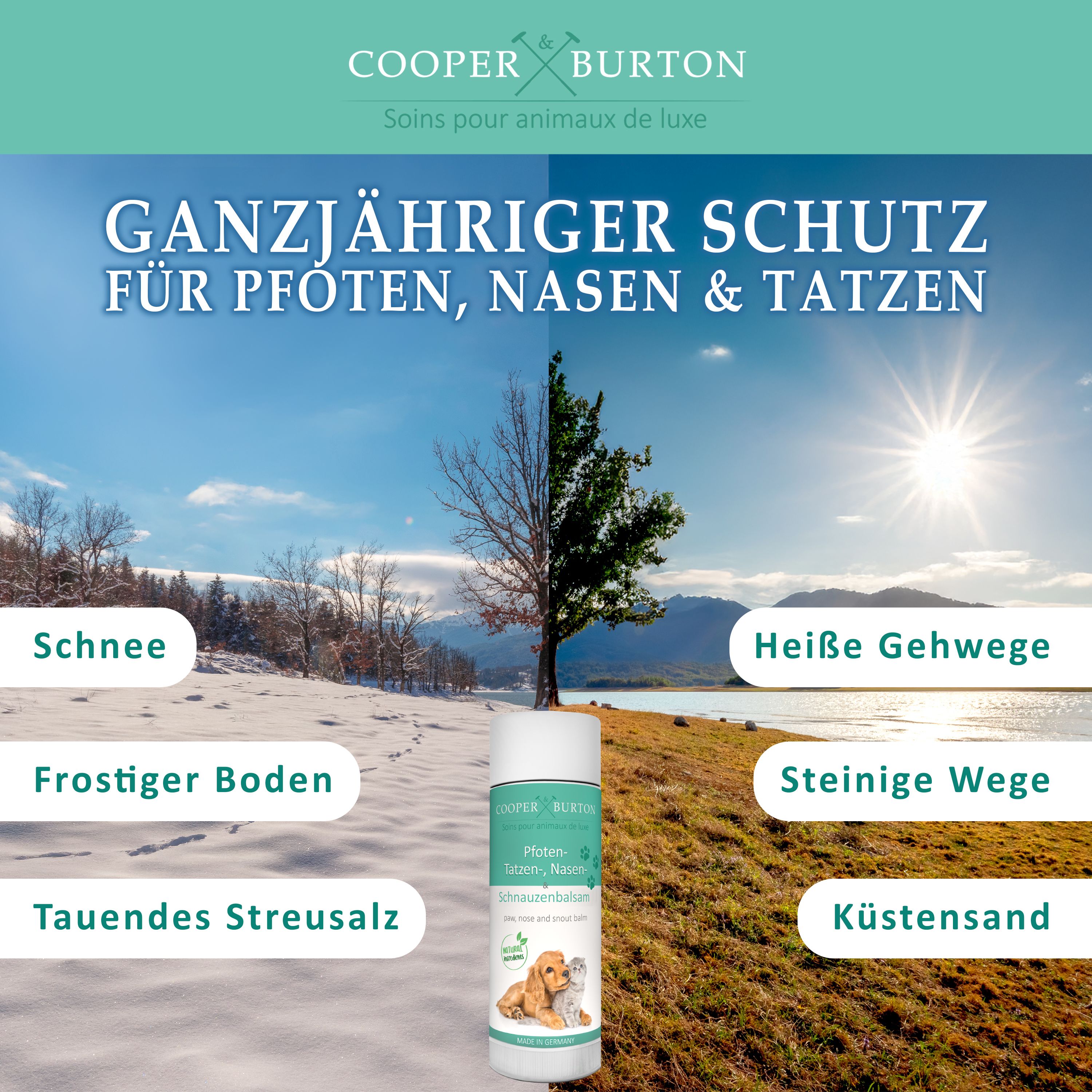 Produkt vor Landschaft. Text: Ganzjähriger Schutz für Pfoten, Nasen & Tatzen. Schnee, frostiger Boden, tauendes Streusalz, heiße Gehwege, steinige Wege, Küstensand.