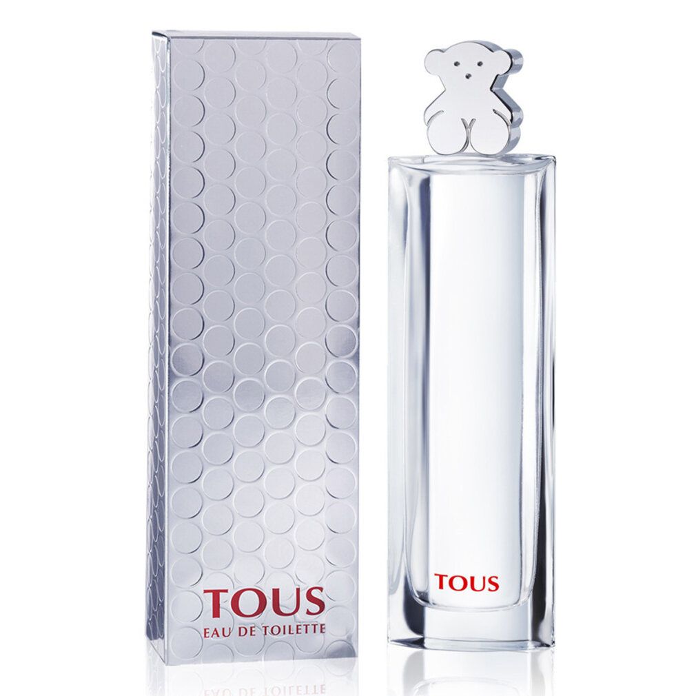 Parfümflakon und Schachtel. Flakon mit silbernem Bärenverschluss. Aufschrift: Tous Eau de Toilette. Silberne Schachtel mit gepunktetem Muster.