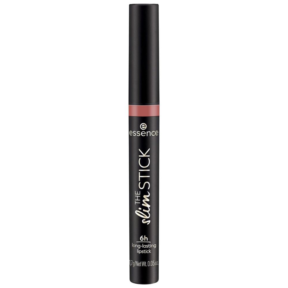 Essence Lippenstift The Slim Stick, rosa. Schwarze Hülse, Produktname und Logo. 6h lang anhaltend.