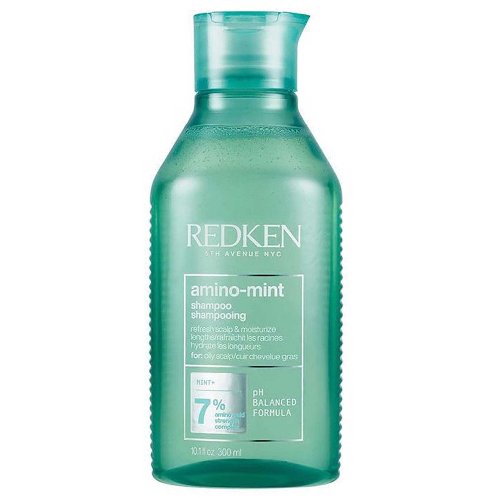 Grüne Redken Amino Mint Shampoo Flasche. Text: Shampoo, erfrischt, spendet Feuchtigkeit, pH-ausgeglichen, 300 ml.