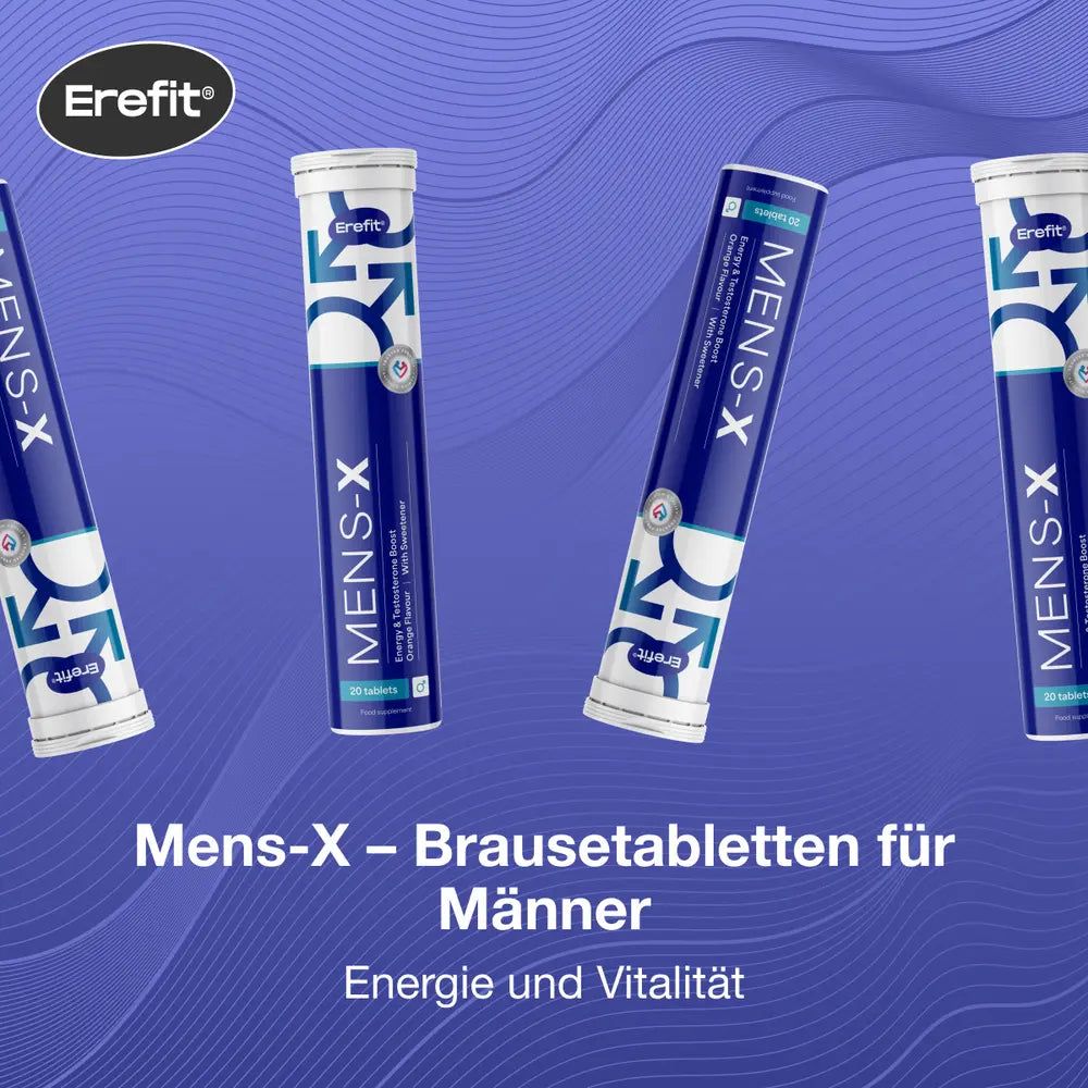 Mehrere Erefit Mens-X Tuben auf blauem Hintergrund. Text: Mens-X - Brausetabletten für Männer. Energie und Vitalität.