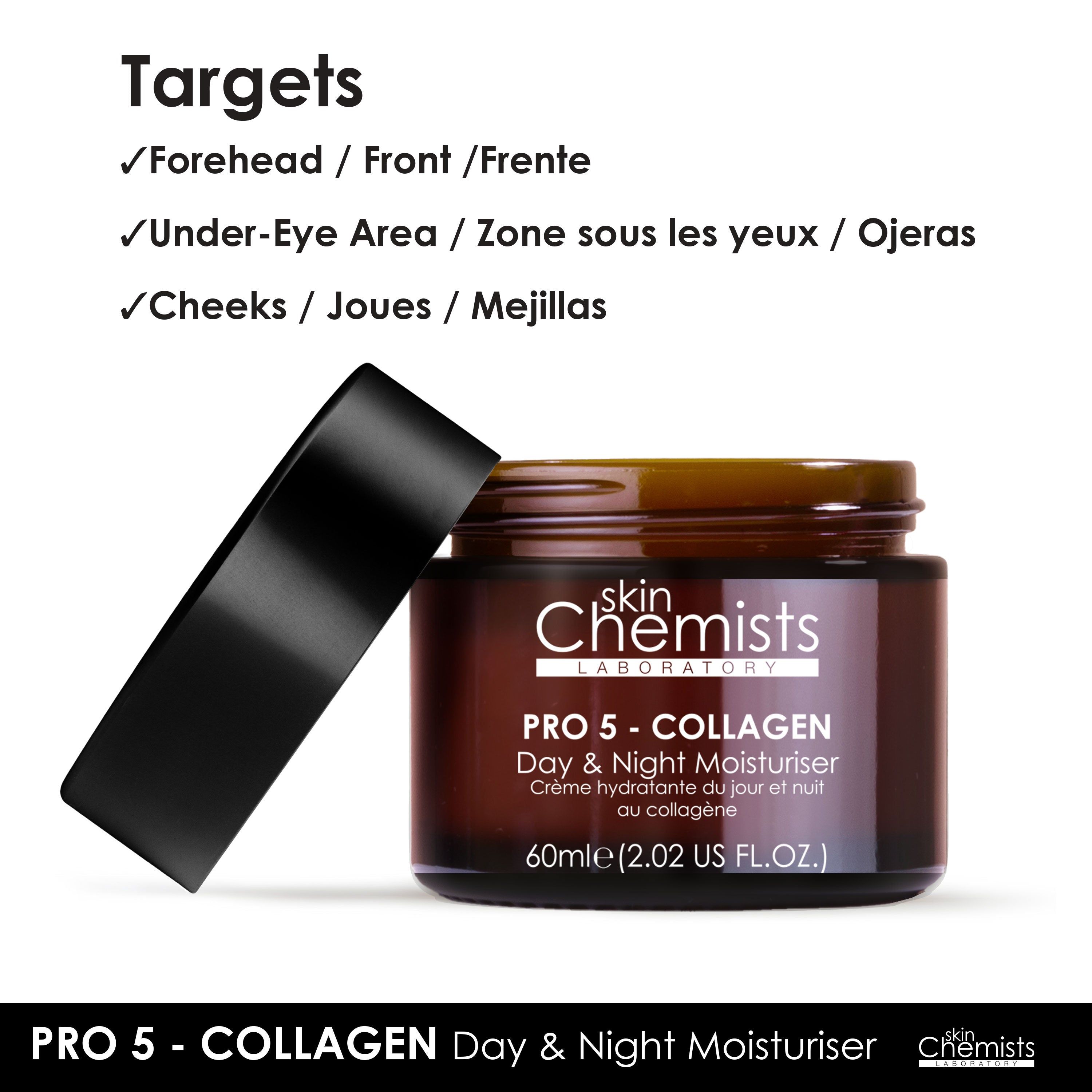 Braune Glasdose mit schwarzem Deckel. Aufschrift: skinChemists, PRO 5 - COLLAGEN Day & Night Moisturiser. Text: Targets: Forehead, Under-Eye Area, Cheeks.