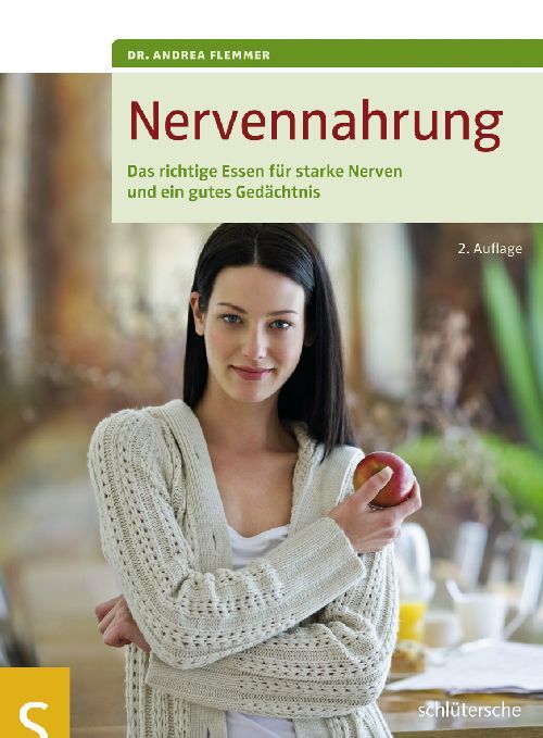 Buchcover: Nervennahrung, Autorin Dr. Andrea Flemmer. Frau hält Apfel. Titel und Untertitel in roter Schrift.