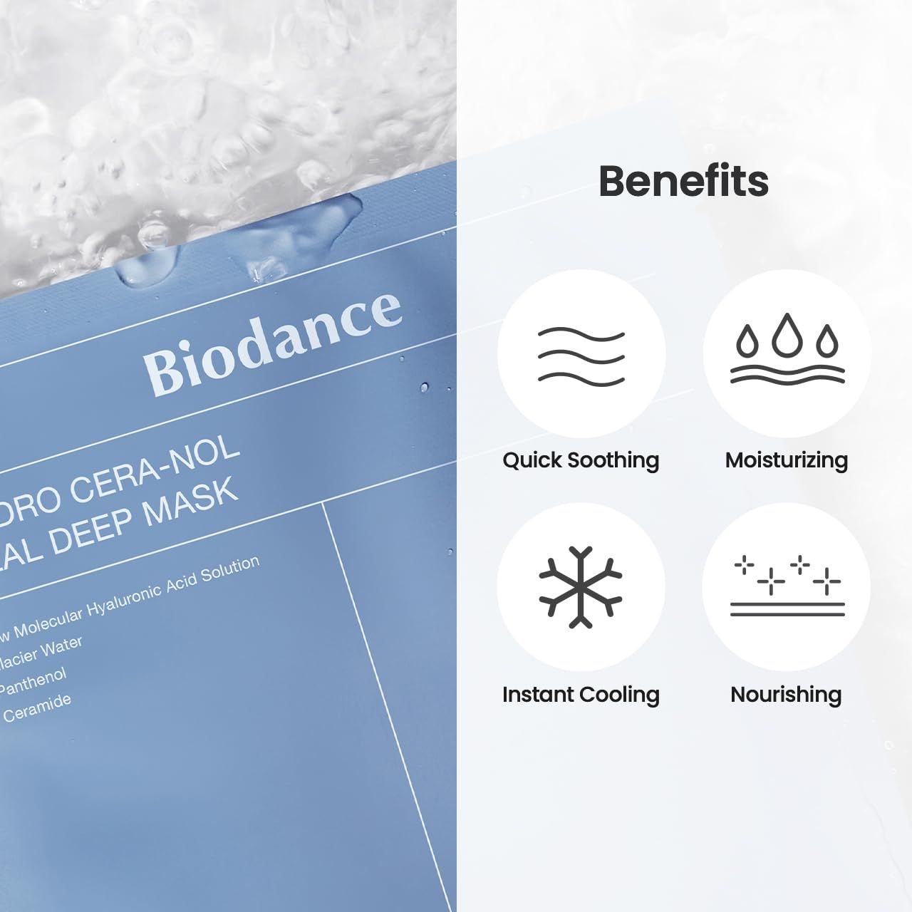 Nahaufnahme der blauen Biodance-Verpackung. Text: Hydro Cera-Nol Real Deep Mask. Vorteile: Quick Soothing, Moisturizing, Instant Cooling, Nourishing.