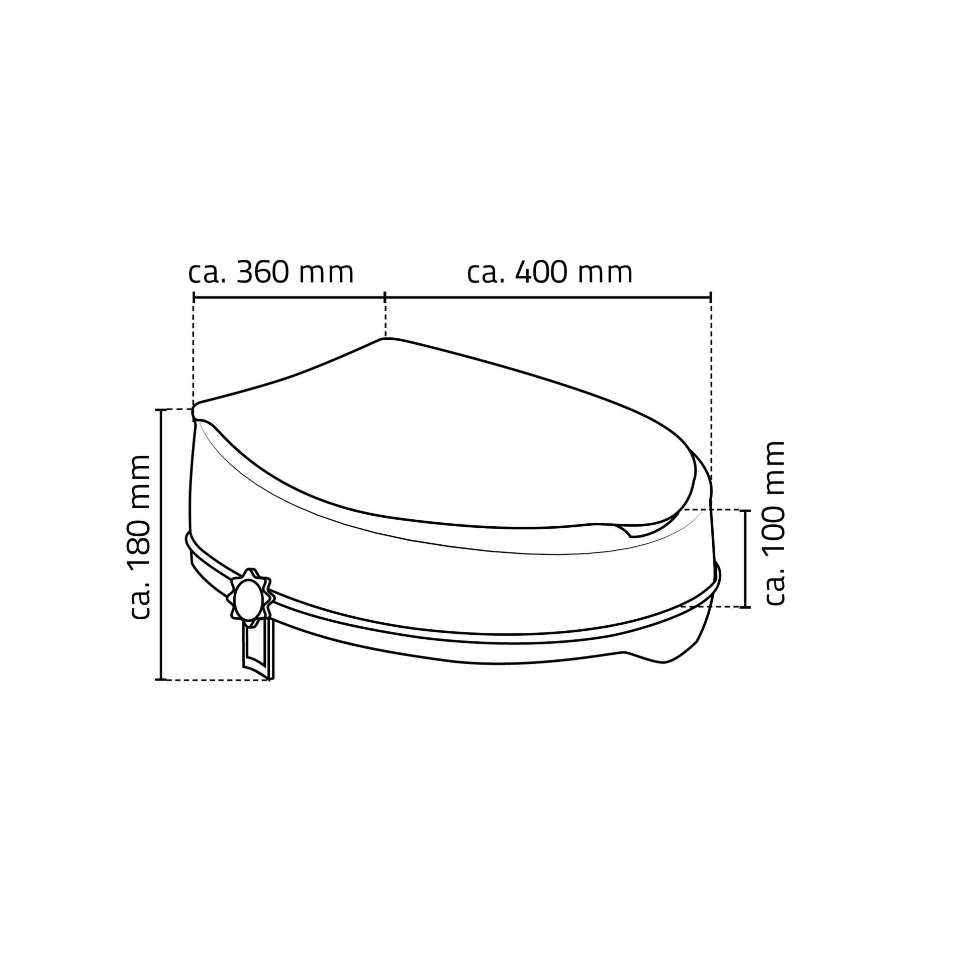 Erhöhung für WC, weiß, mit Maßen: ca. 360 mm x 400 mm x 180 mm. Höhe ca. 100 mm. Mit seitlichem Verschluss.