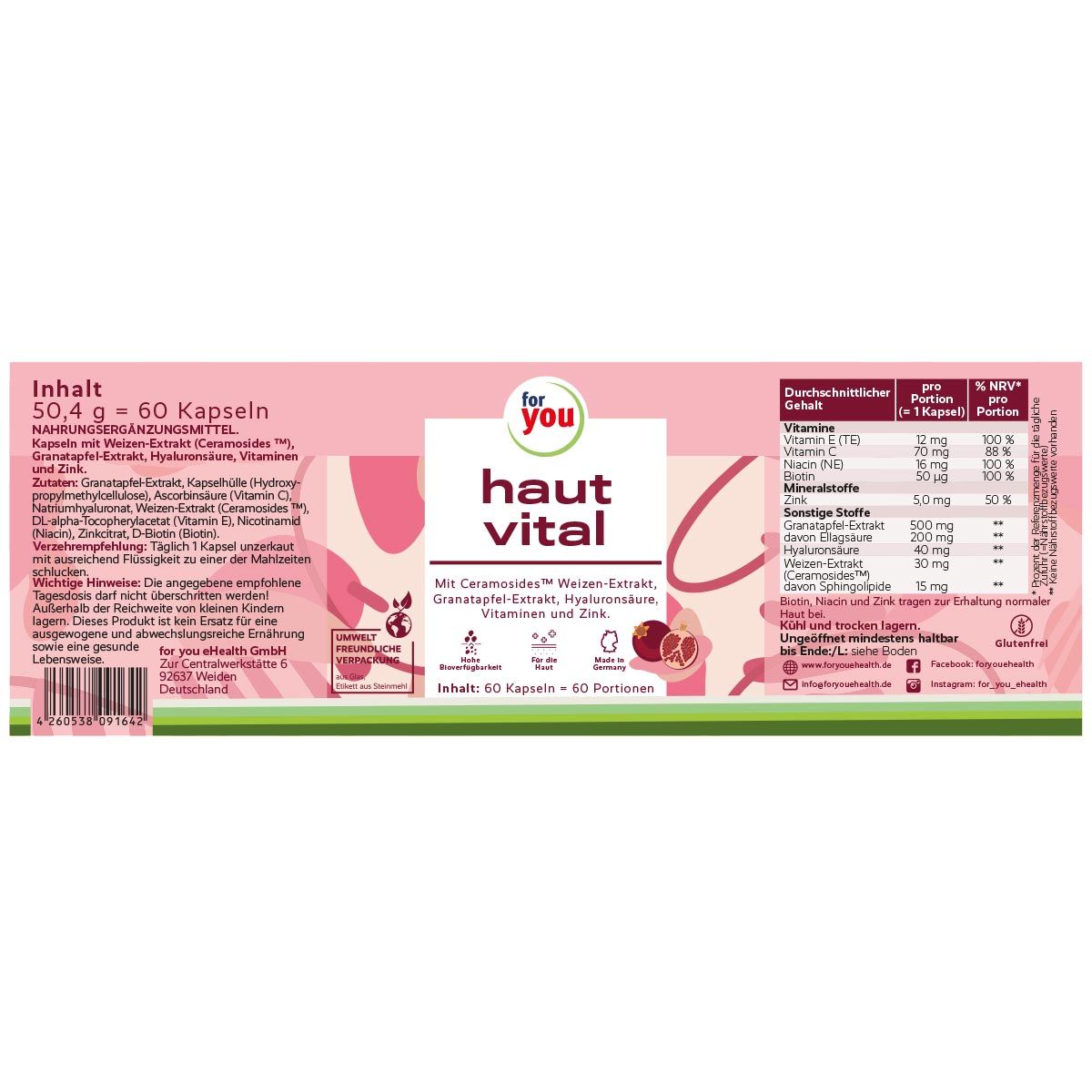 Rückseite der Verpackung mit Informationen. Aufschrift: for you haut vital. Inhaltsstoffe, Nährwertangaben, Hinweise.