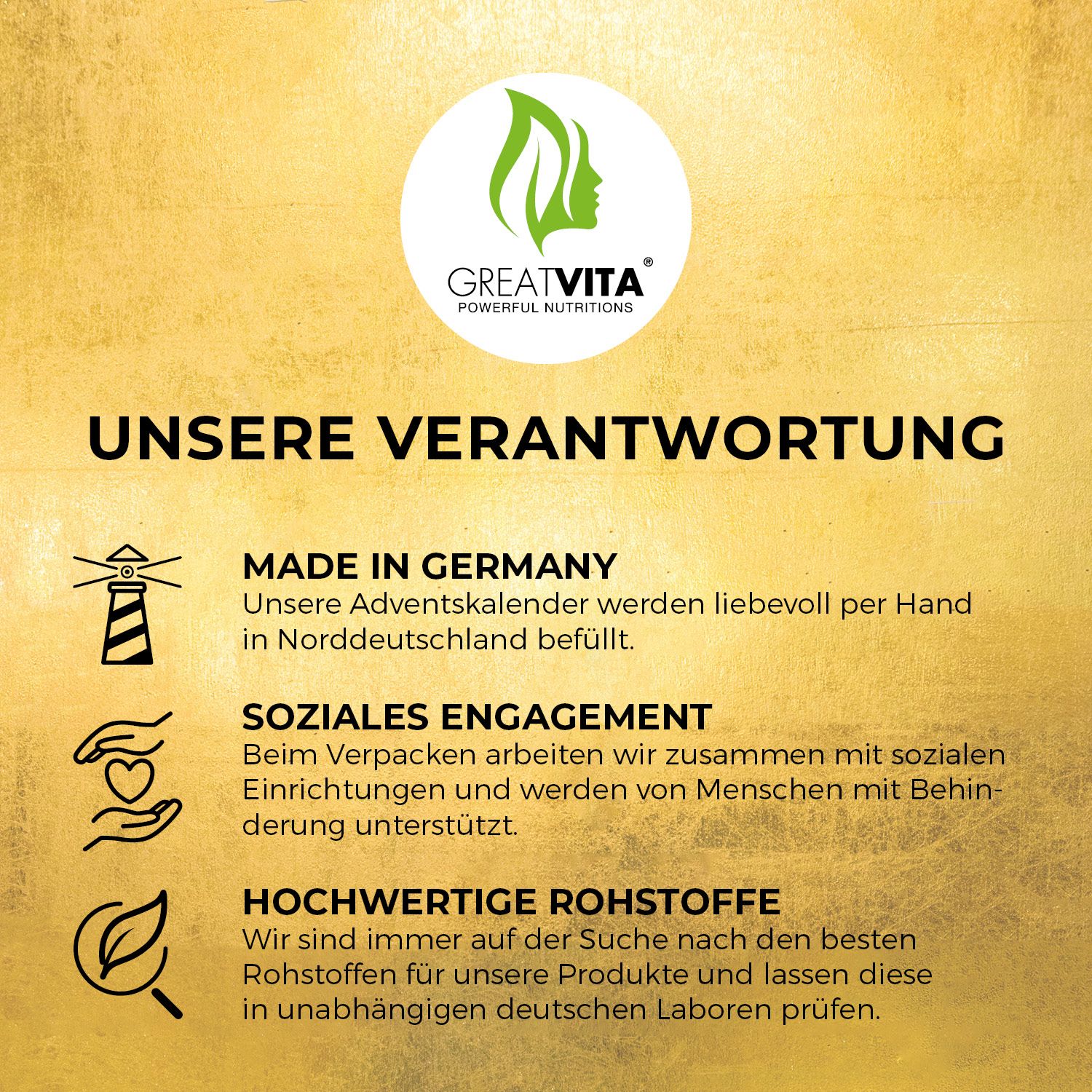 Logo GreatVita. Text: Made in Germany. Soziales Engagement. Hochwertige Rohstoffe.
