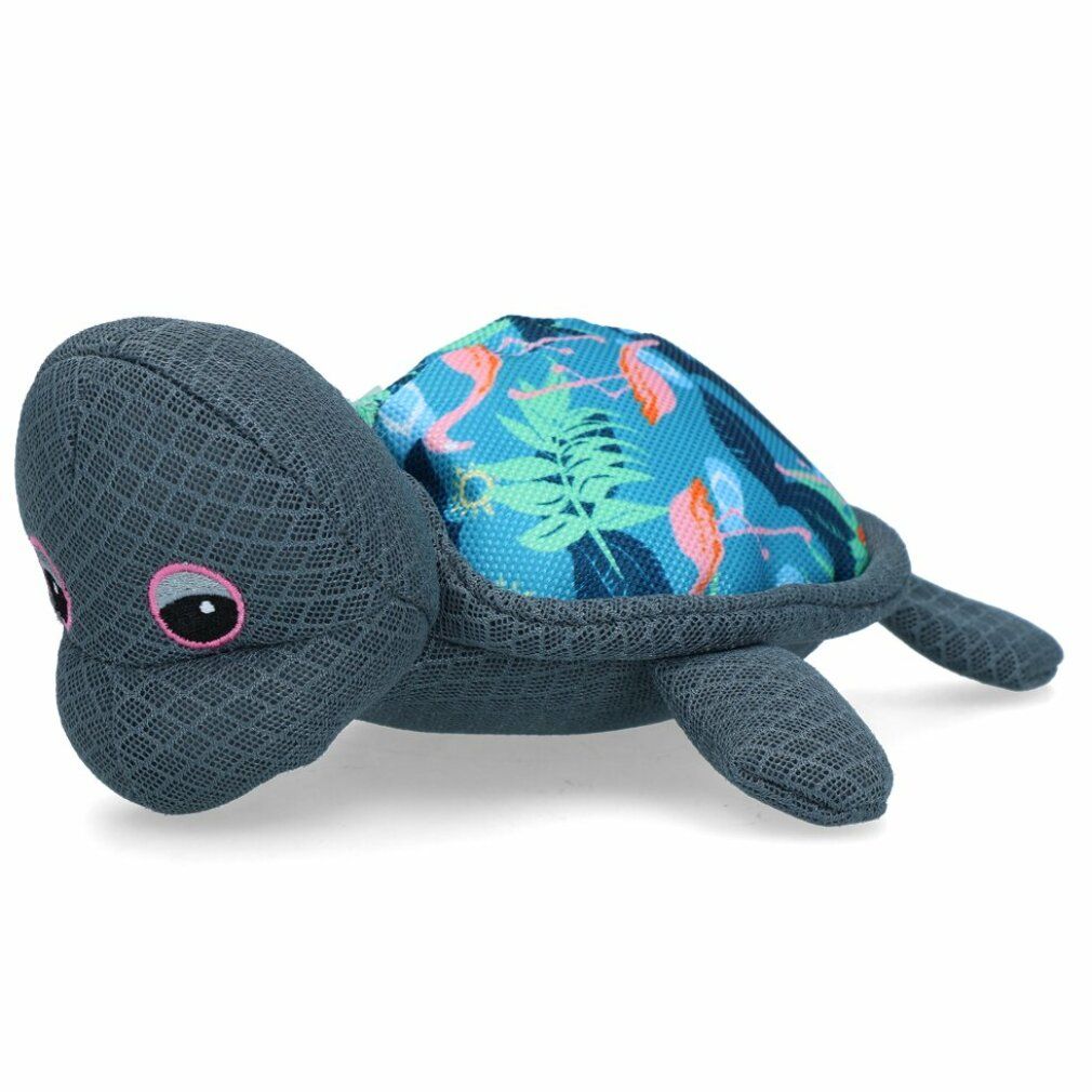 Schildkrötenspielzeug aus grauem Netzgewebe. Der farbige Innenstoff zeigt Flamingos und Blätter. Rosa Augenränder.