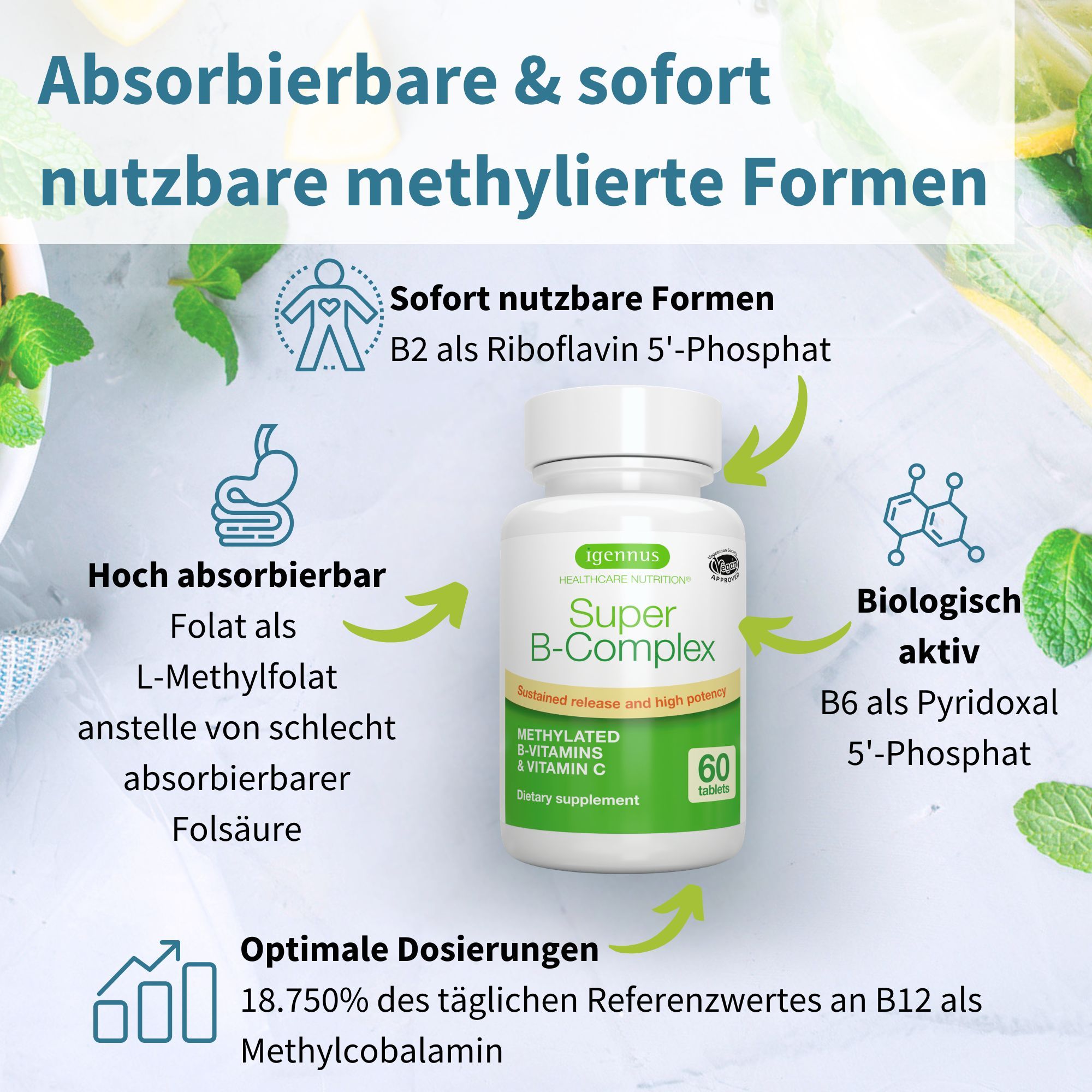 Igennus Super B-Komplex: Methylierte B-Vitamine für schnelle Aufnahme, mit Vitamin C.