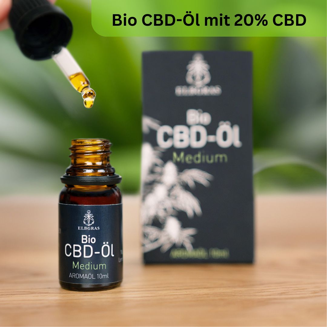 Elbgras Bio CBD Öl Medium 10ml Flasche mit Pipette, daneben die Umverpackung.