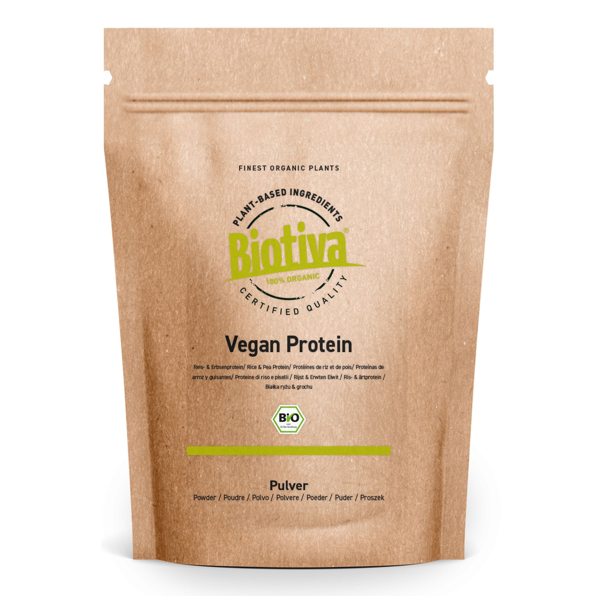 Beutel mit Biotiva Vegan Protein Pulver Bio. Braune Verpackung mit grünem Logo und Schriftzug. Bio-Zertifizierung.
