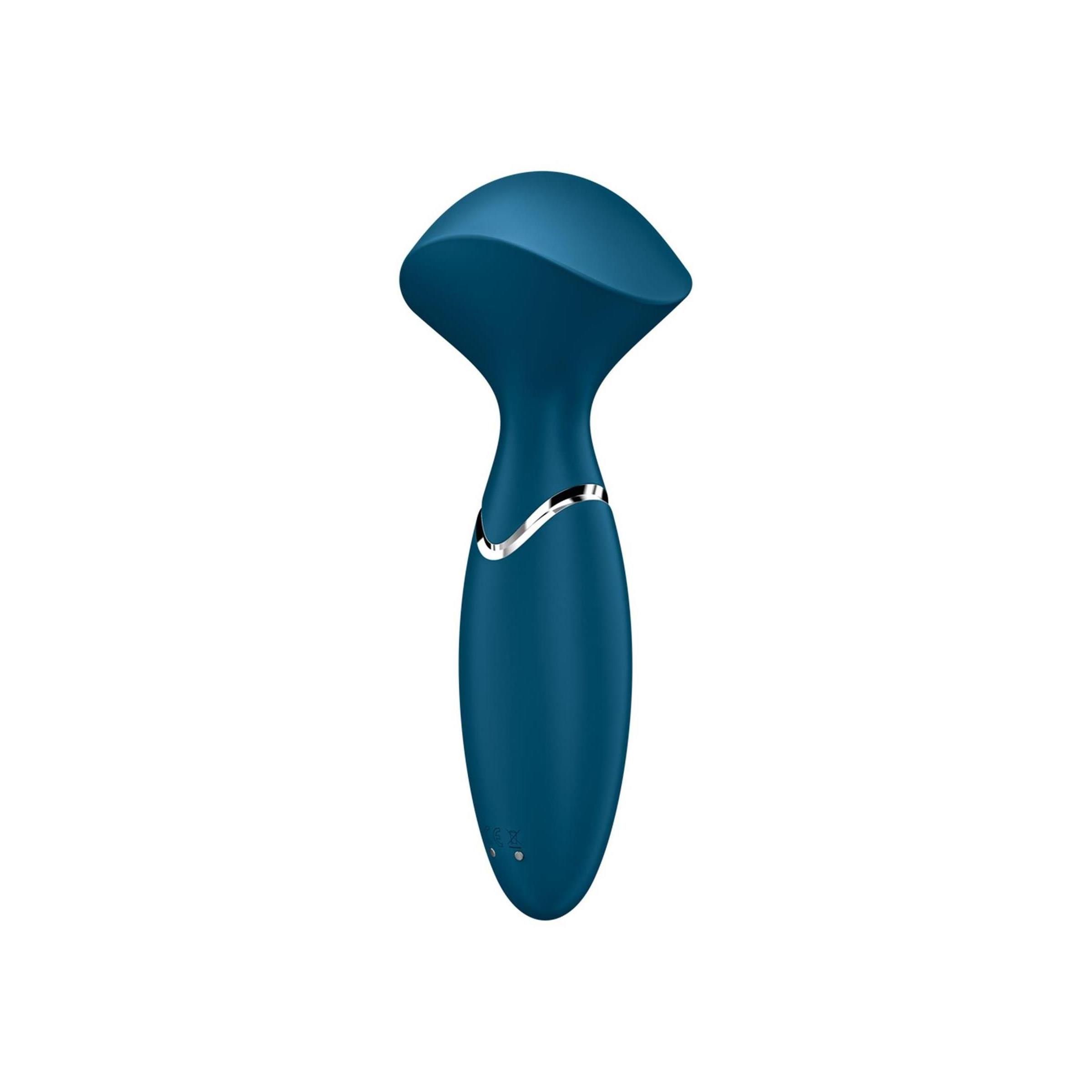 Dunkelblauer Vibrator mit geschwungener Form und silbernem Ring.