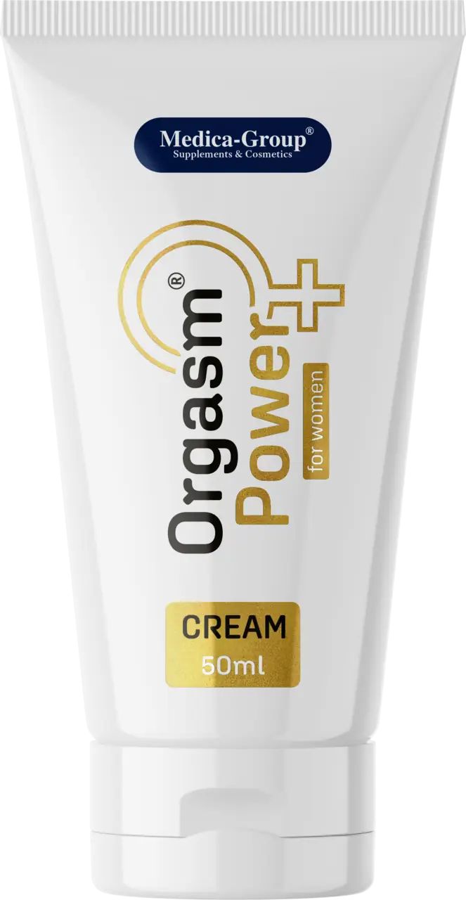 Weiße Tube mit Logo und Produktbezeichnung. Text: Orgasm Power for women, Creme 50ml. Marke: Medica-Group.