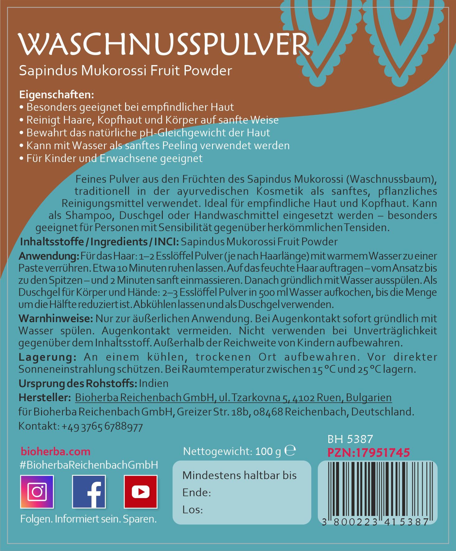 Rückseite der Verpackung. Text: "WASCHNUSSPULVER", "Sapindus Mukorossi Fruit Powder", Eigenschaften, Inhaltsstoffe, Anwendung, Warnhinweise, Nettogewicht 100 g.