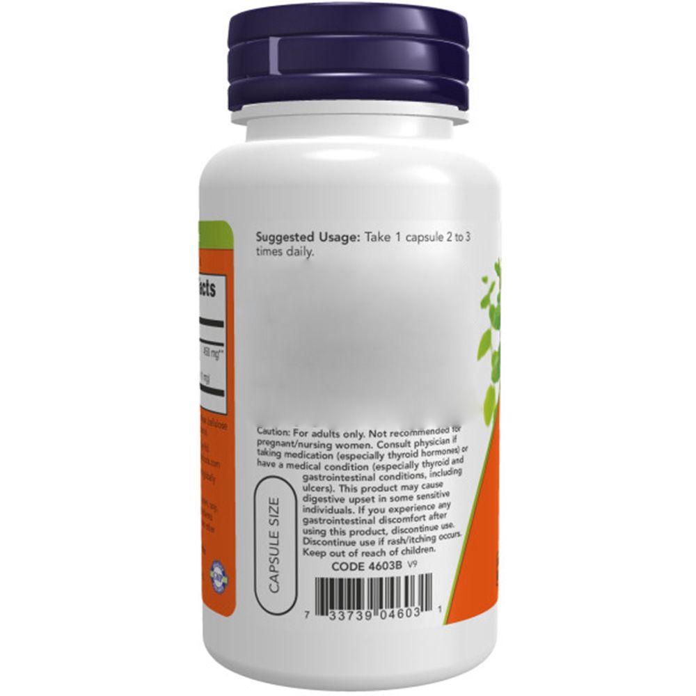 Rückseite der Flasche. Etikett mit 'Suggested Usage: Take 1 capsule 2 to 3 times daily'. Warnhinweise und Code.