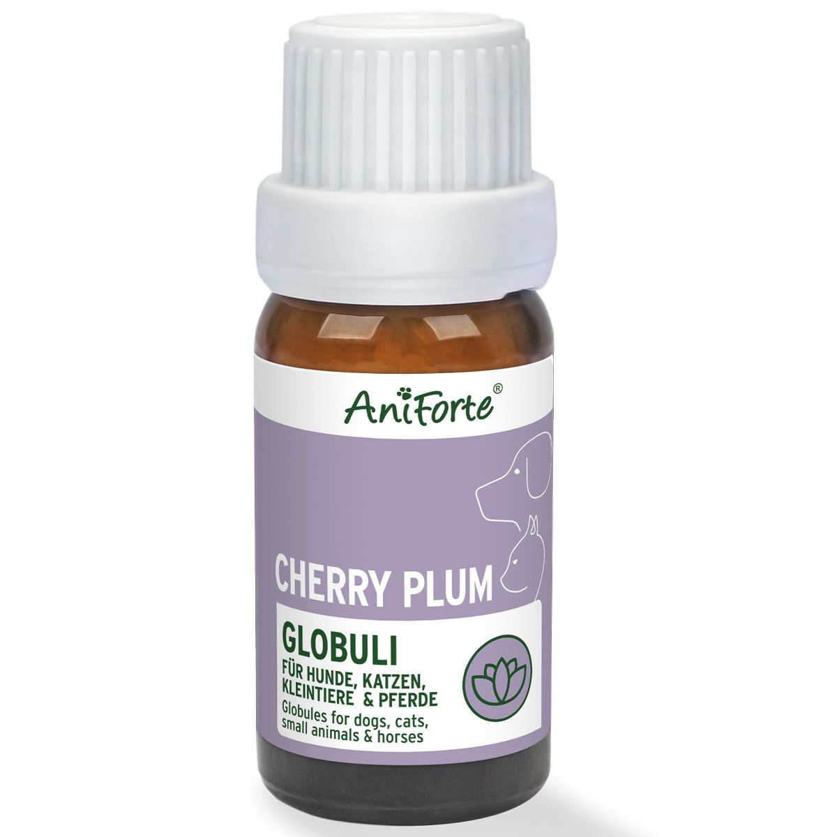 Braune Glasflasche mit weißem Deckel. Lila Etikett mit Produktnamen und Logo. Text: Cherry Plum Globuli.