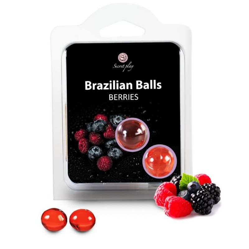 Verpackung mit zwei runden, roten Kugeln und Beerenmotiv. Produktname: Brazilian Balls Berries.