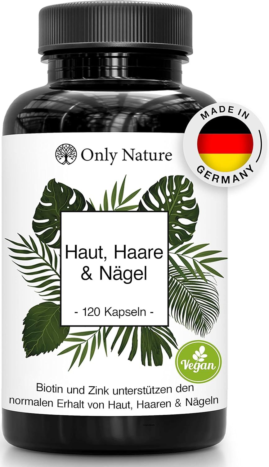 Schwarze Flasche mit Kapseln. Aufschrift: Haut, Haare & Nägel. Vegan-Siegel. Made in Germany-Logo.