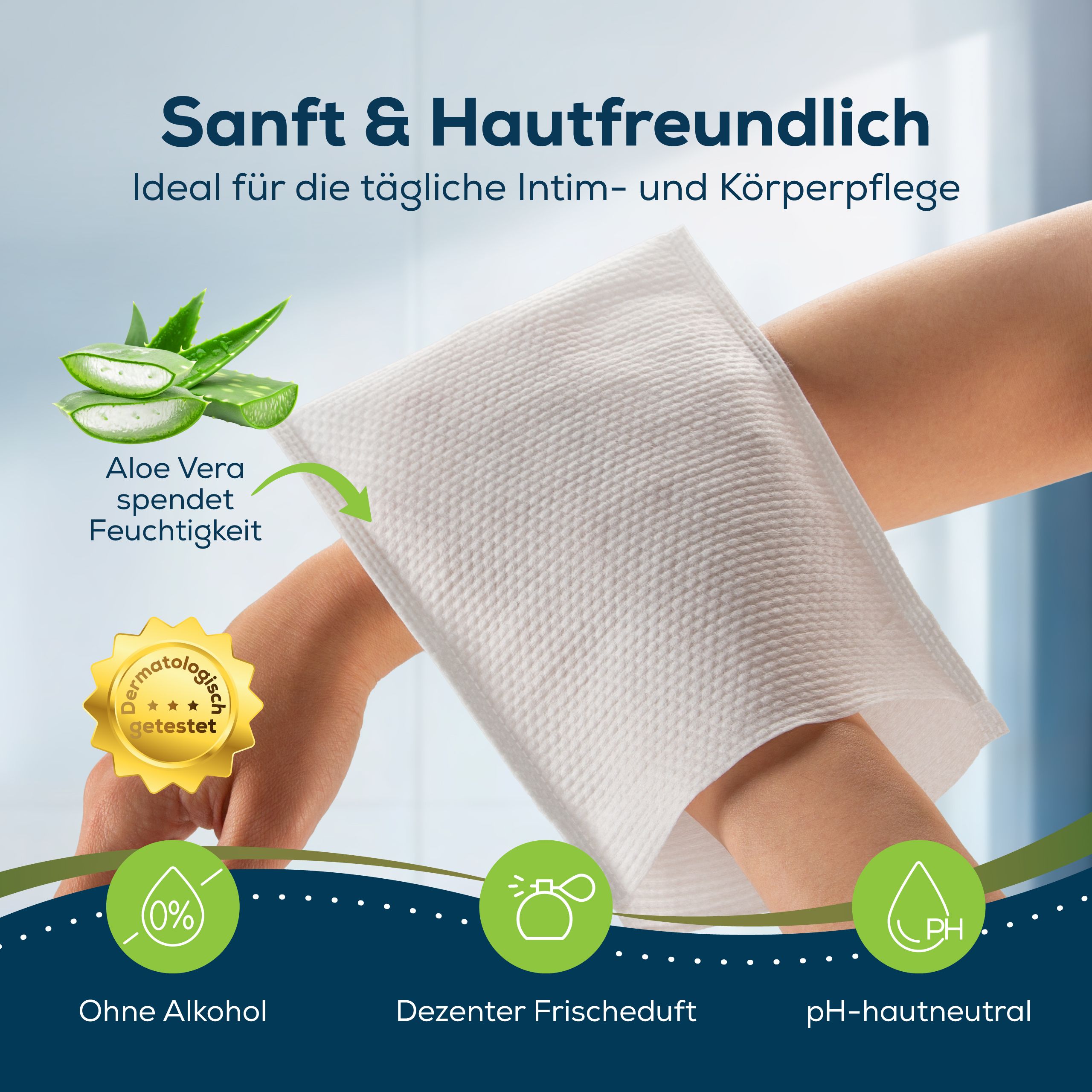 Weißer Waschhandschuh auf Hand. Text: Sanft & hautfreundlich, ideal für die tägliche Intim- und Körperpflege. Aloe Vera. Symbole: 0% Alkohol, dezenter Frischeduft, pH-hautneutral.