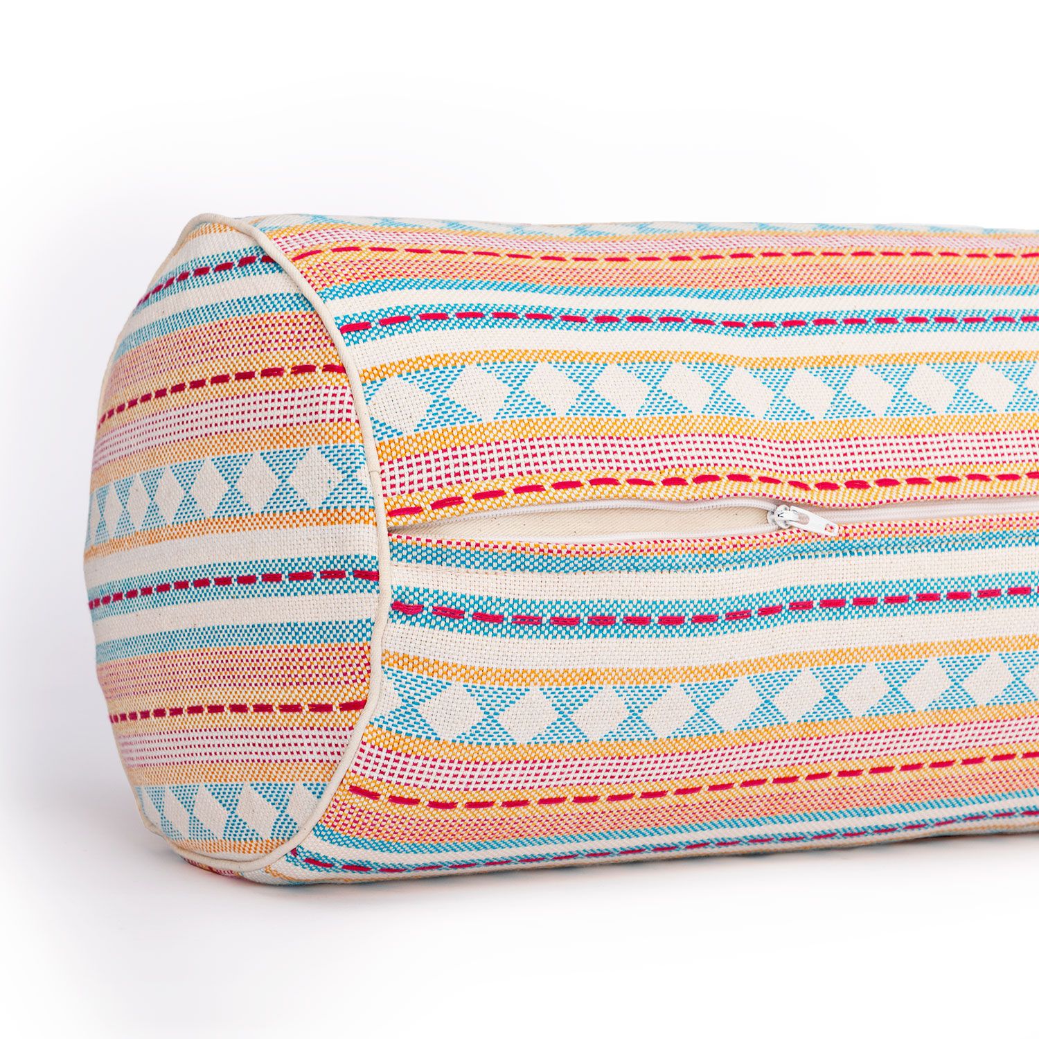 ETHNO Collection: Yoga-Bolster (rund), Jacquard-Webstoff, apricot-hellblau gem., Dinkelhülsen