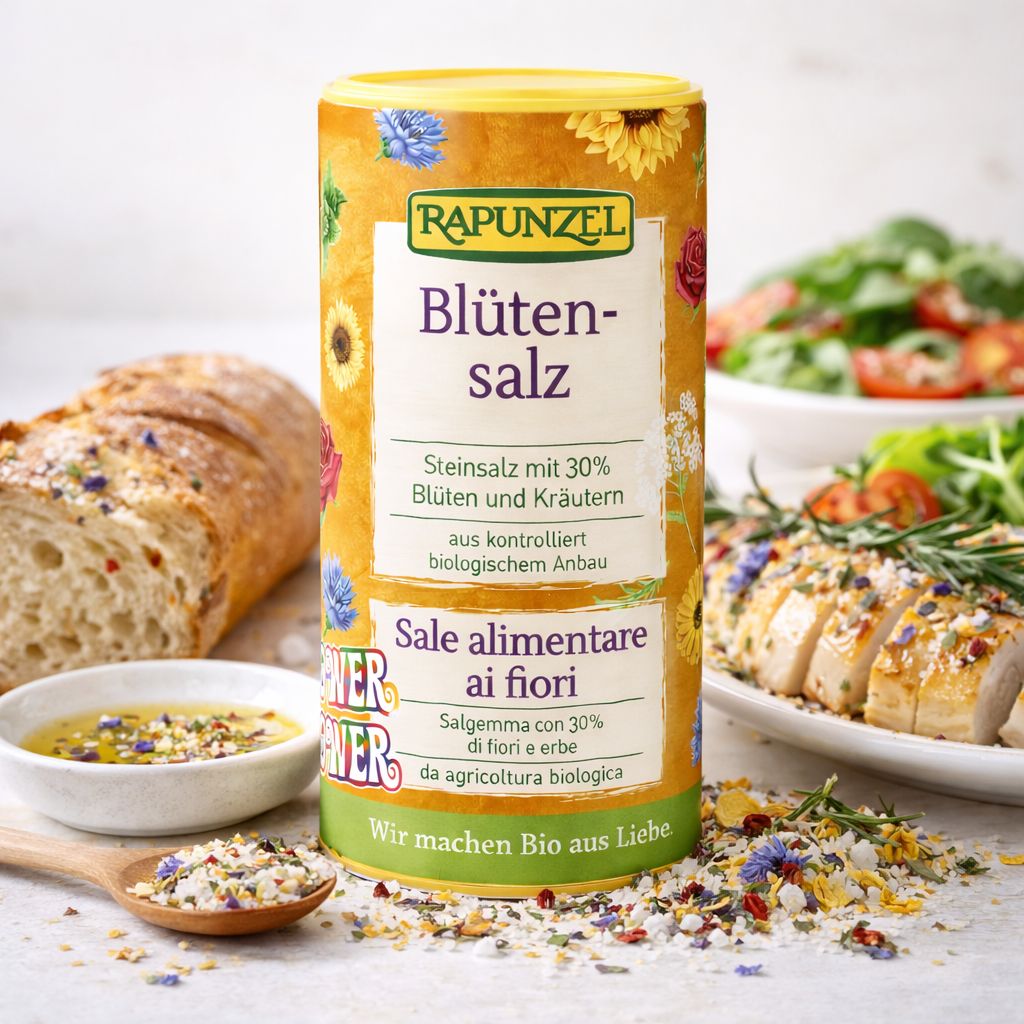 Rapunzel Blütensalz: Steinsalz mit 30% Blüten und Kräutern aus kontrolliert biologischem Anbau.