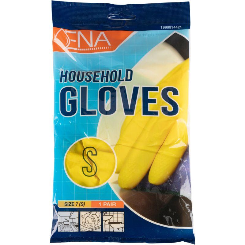 Verpackung mit gelben Haushaltshandschuhen. Aufschrift: ENA, HOUSEHOLD GLOVES, Größe S, 1 Paar.