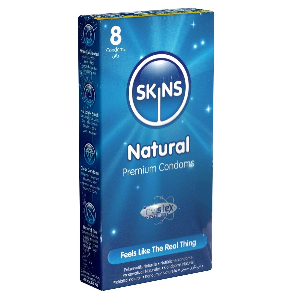 Blau-weiße Verpackung mit 8 Kondomen. Aufschrift: SKINS Natural Premium Condoms. Text: Feels Like The Real Thing. Inhaltsangaben in mehreren Sprachen.