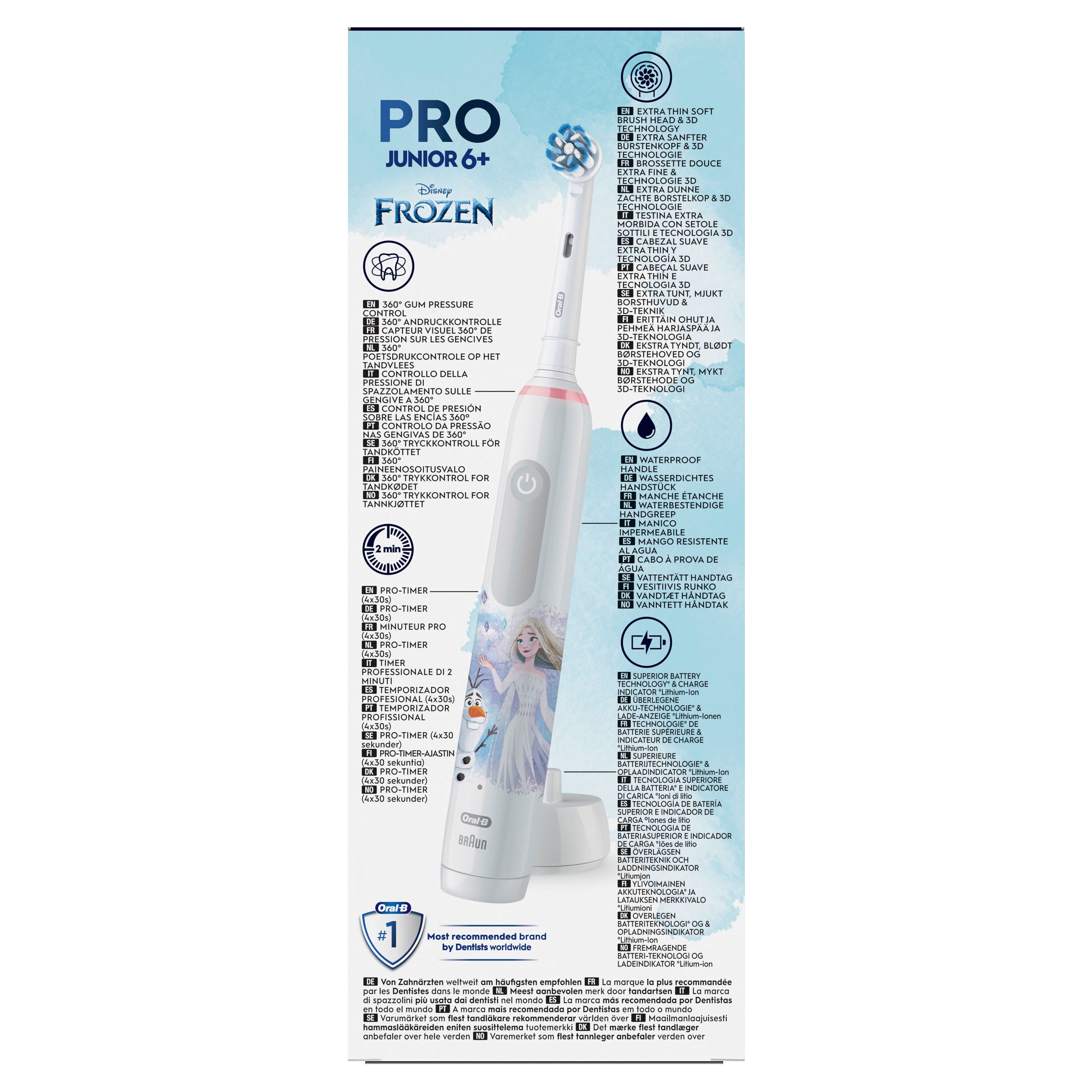 Verpackung, Seite. Oral-B Pro Junior 6+ Frozen. Informationen zur Zahnbürste, Druckkontrolle, wasserdicht.