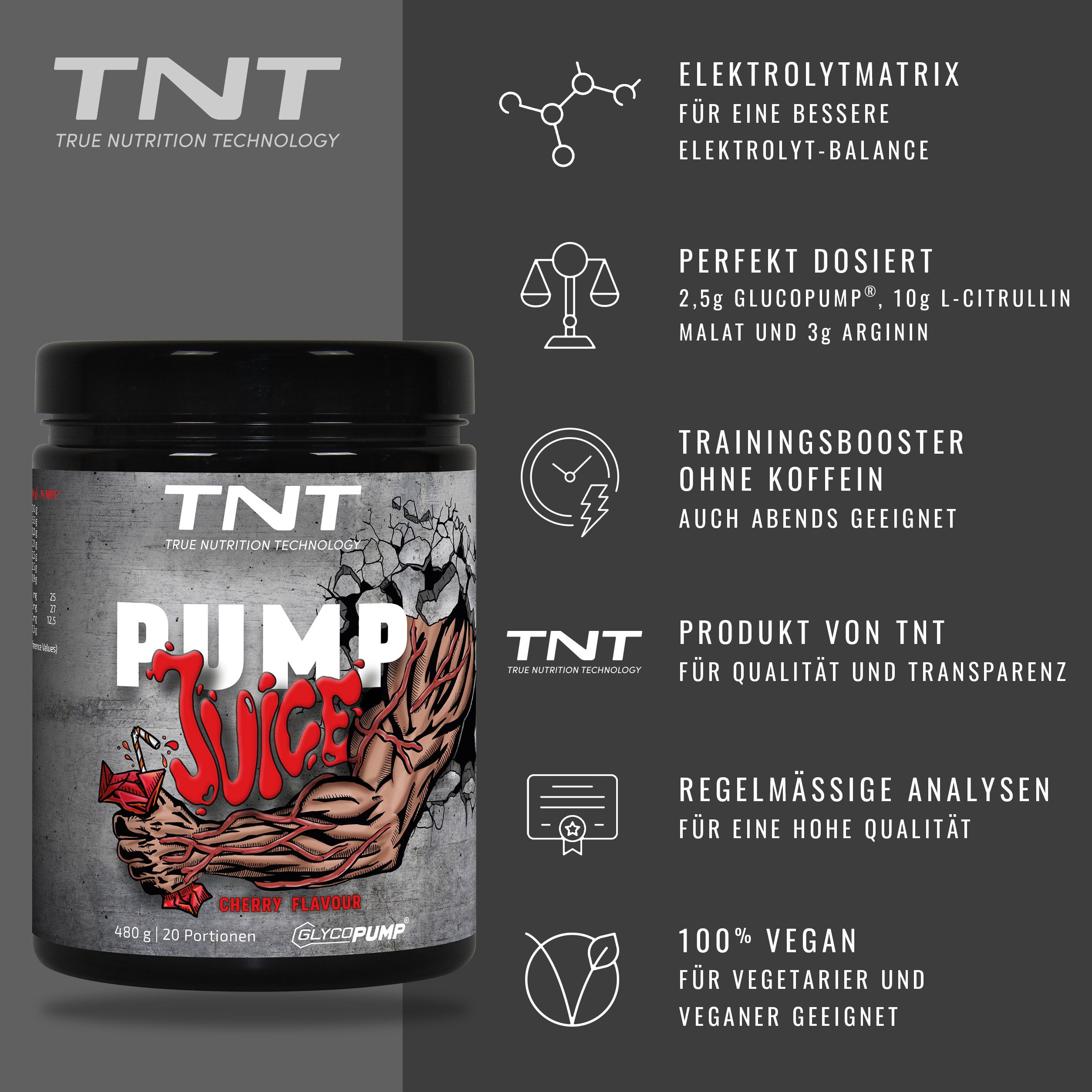 TNT Pump Juice-Behälter mit Infografiken. Enthält Informationen zu Inhaltsstoffen und Eigenschaften. 100% vegan.