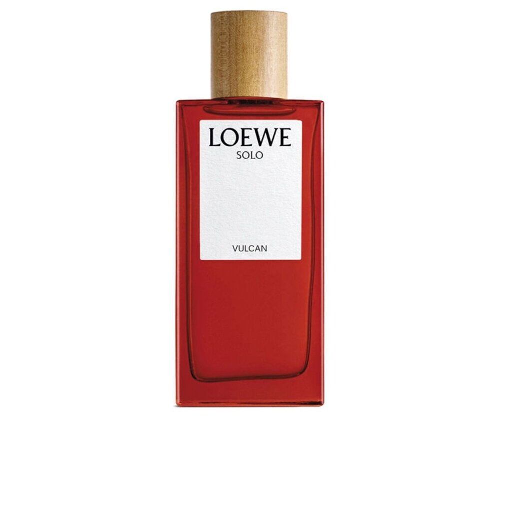 Loewe Solo Vulcan Eau de Parfum Flakon. Roter, rechteckiger Flakon mit Holzverschluss. Weißes Etikett mit Logo und Produktnamen.