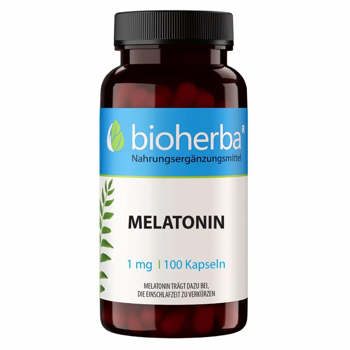 Braune Glasflasche mit schwarzen Deckel. Etikett mit "bioherba" und "Melatonin". 100 Kapseln.