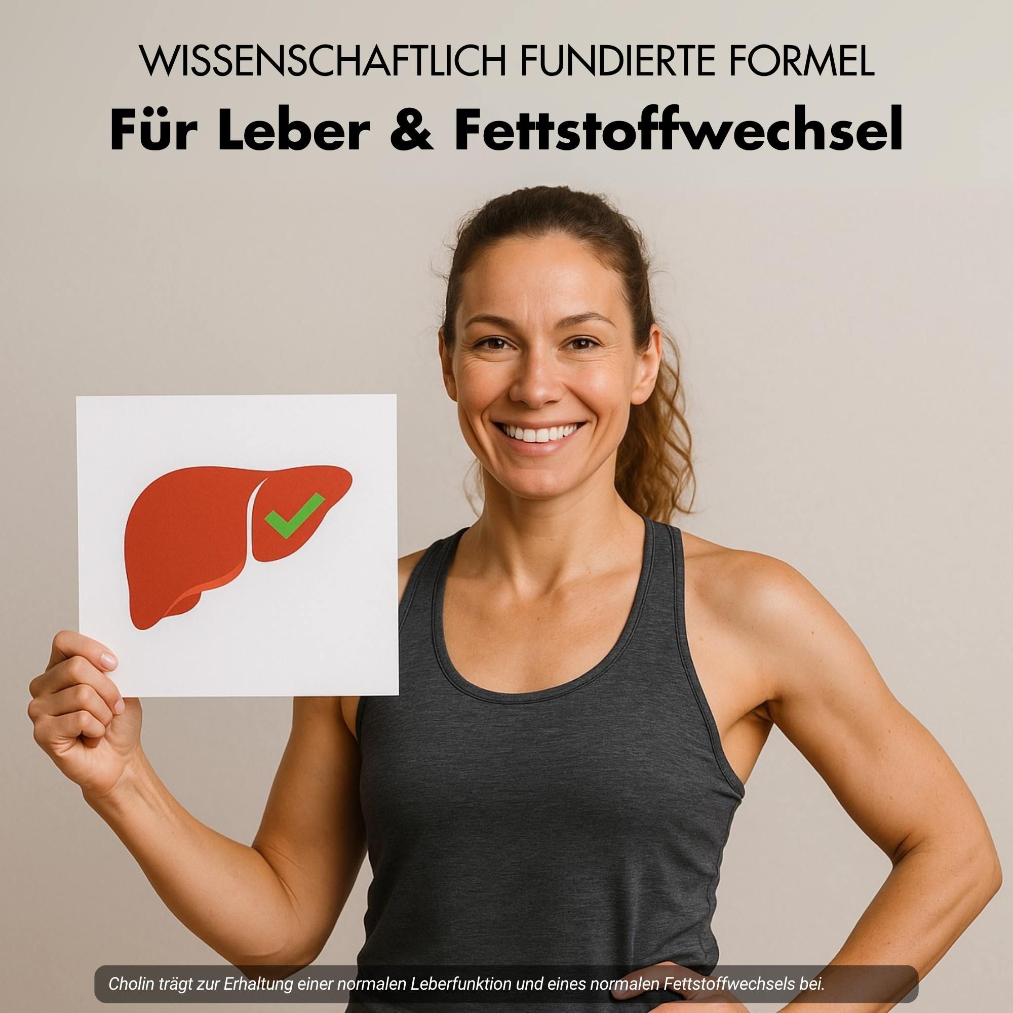 Frau hält ein Schild mit roter Leber und grünem Haken. Text: Für Leber & Fettstoffwechsel.