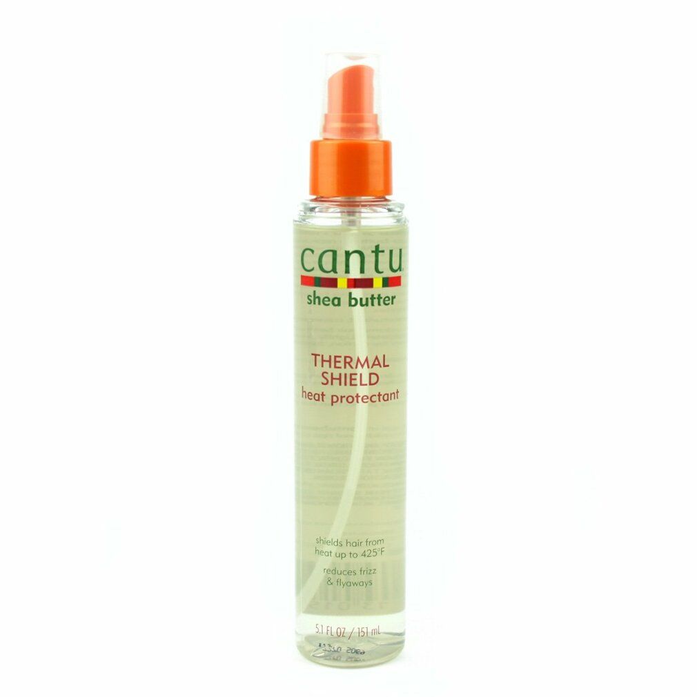 Sprayflasche mit Cantu-Logo und Aufschrift "Thermal Shield Heat Protectant". Transparente Flüssigkeit, orangefarbener Sprühkopf.