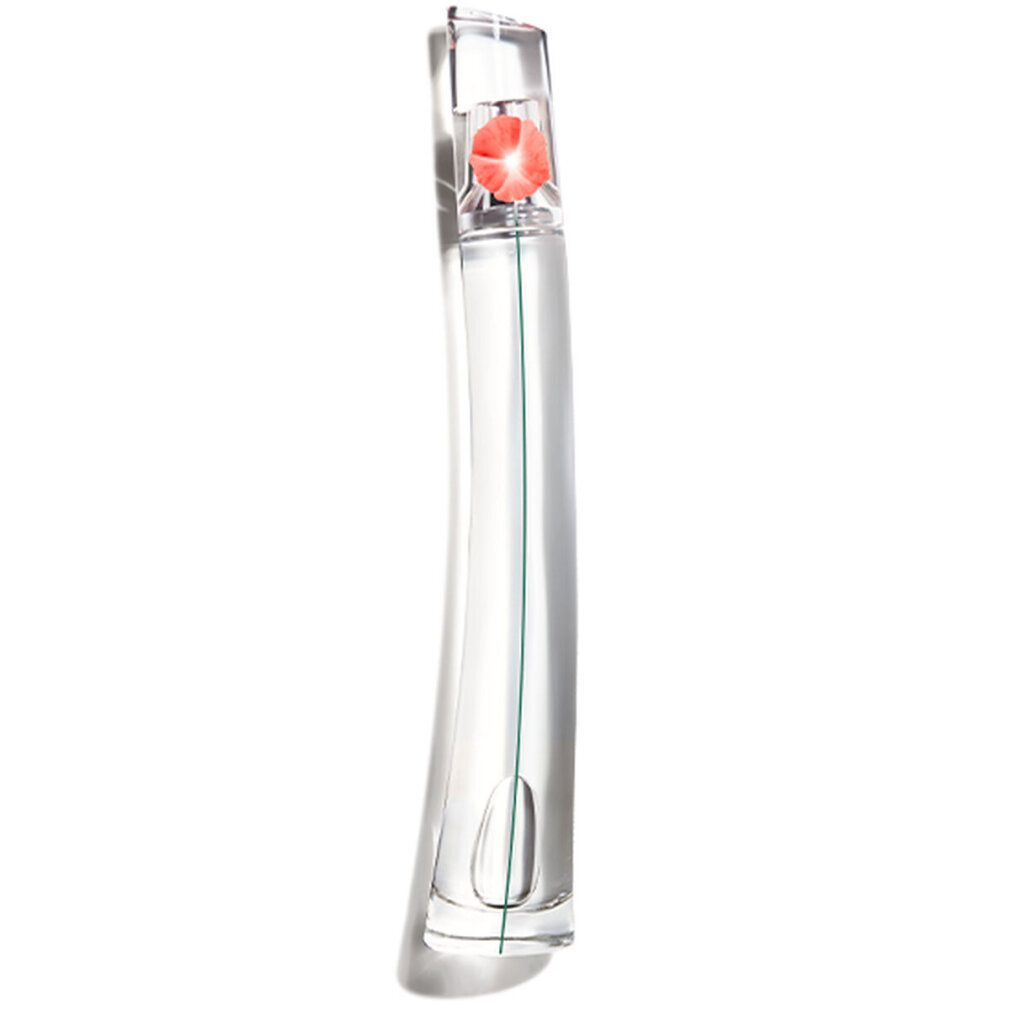 Transparenter Flakon mit roter Blume. Schlanke Form, grüner Strich.