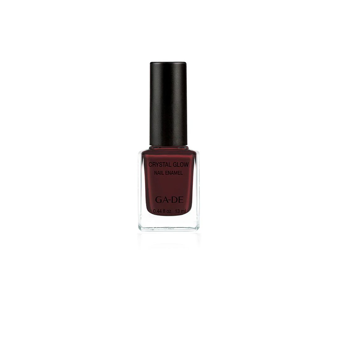 Ga-De Crystal Glow Nagellack. Flasche mit dunkelrotem Nagellack und schwarzem Deckel. Aufschrift: Crystal Glow Nail Enamel.