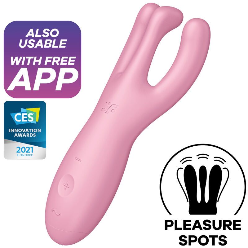 Rosa Vibrator mit drei Spitzen. Bedienknöpfe. Logo "sf". Text: "PLEASURE SPOTS". CES Innovation Awards 2021.