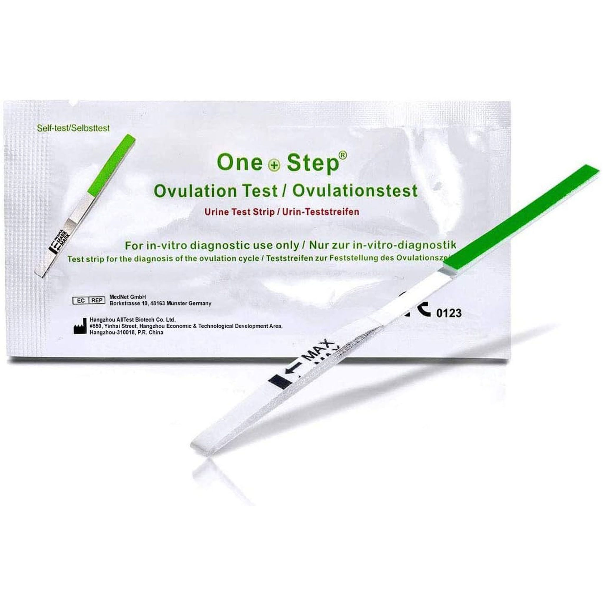 Ovulationstest-Streifen und Verpackung. Grün-weiße Streifen mit grüner Spitze. Verpackung mit Produktnamen und Text.