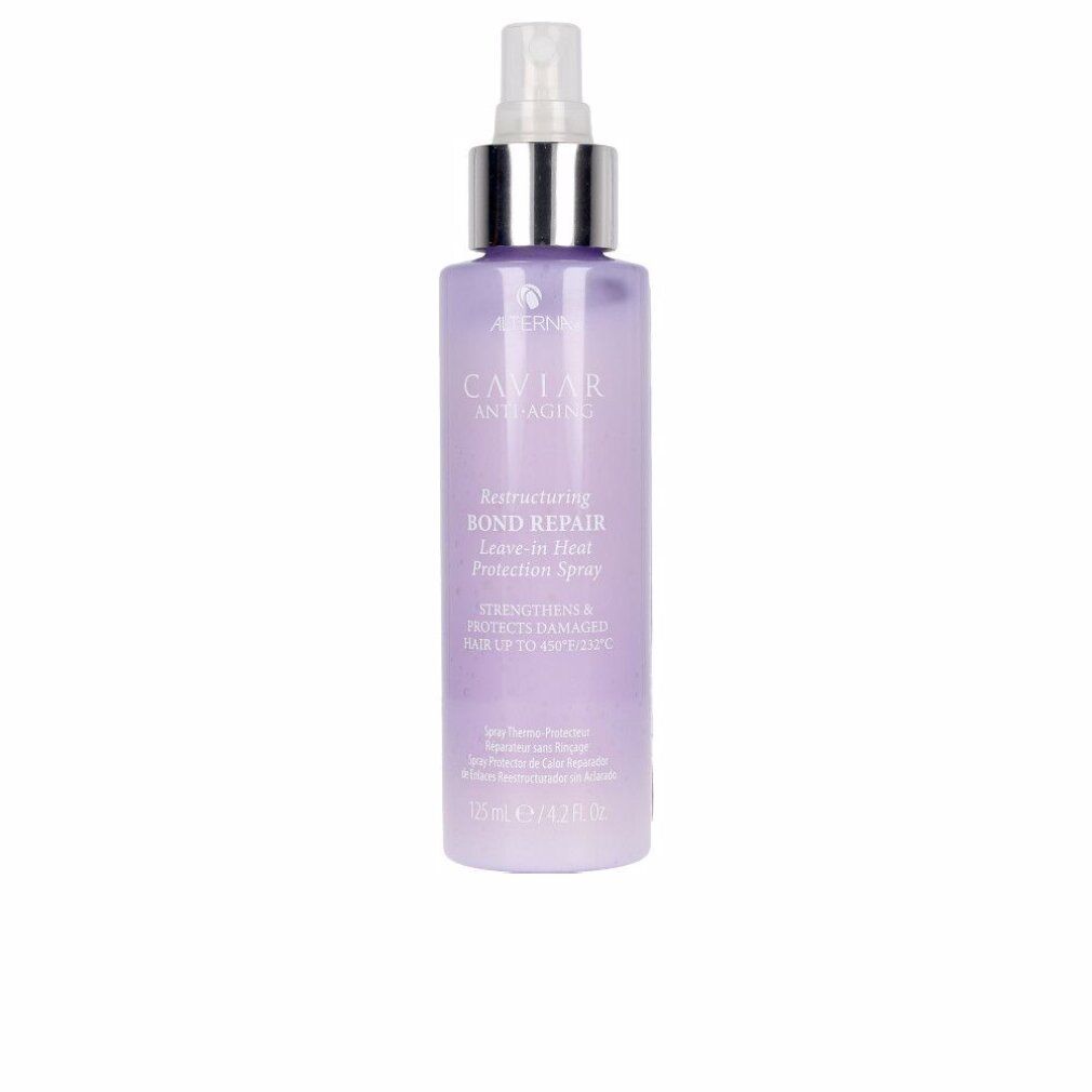 Lila Flasche mit Sprühkopf. Beschriftung: Caviar Anti-Aging, Restructuring Bond Repair Leave-in Heat Protection Spray. 125 ml.