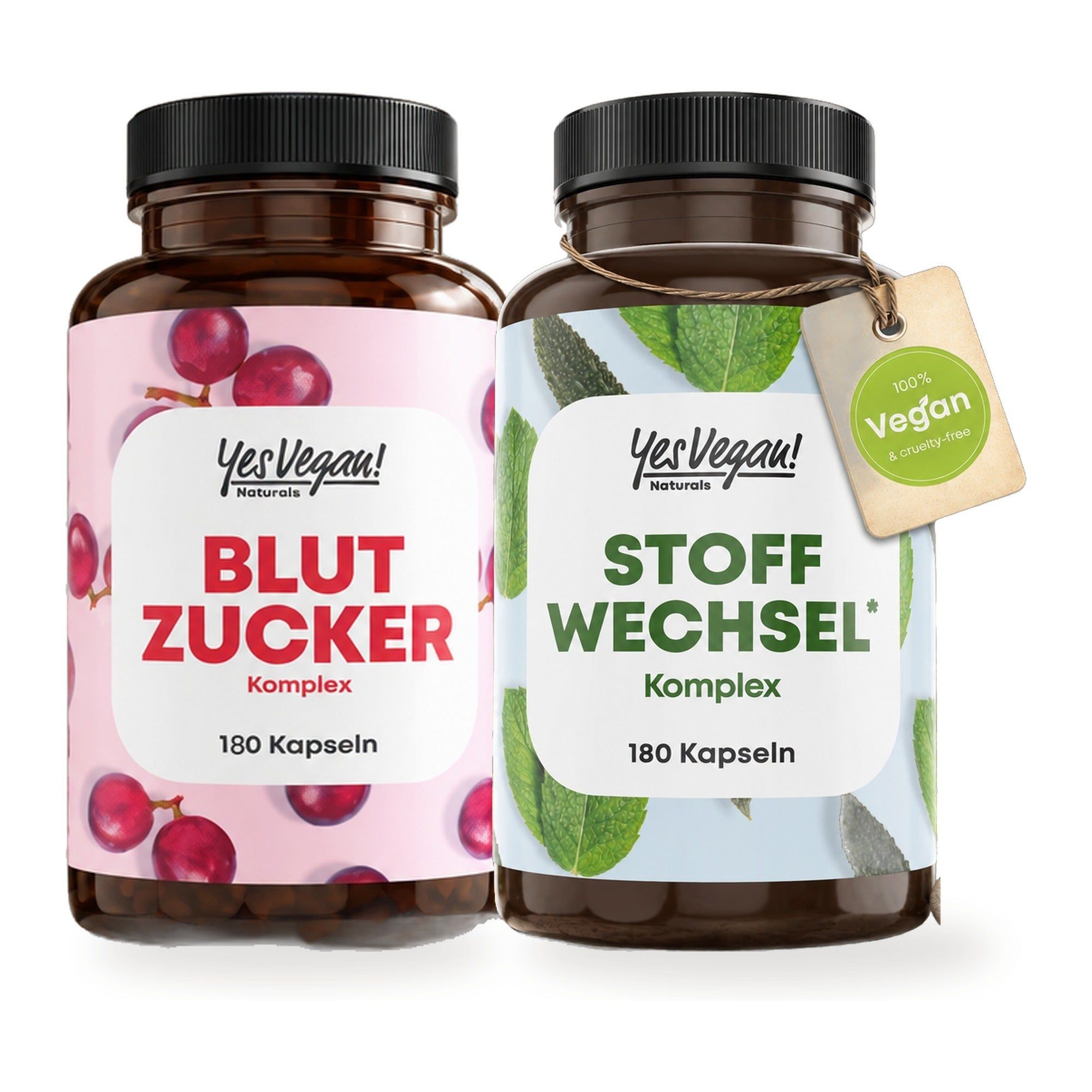 Zwei Flaschen YesVegan! Nahrungsergänzungsmittel: Lions Mane und Vitamin B12 Komplex.
