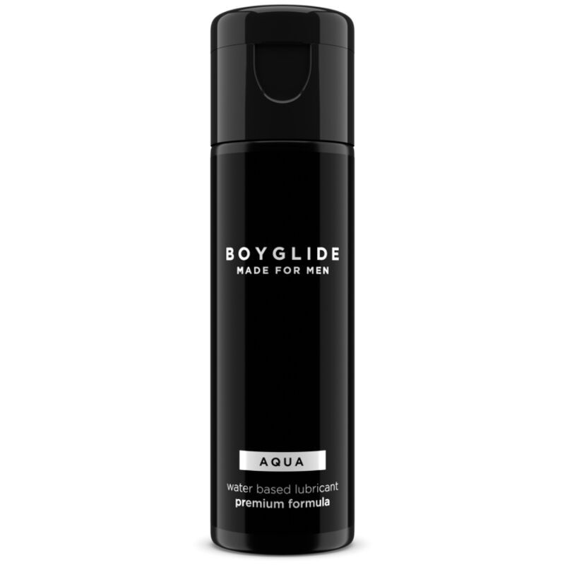Schwarze Flasche mit Klappverschluss. Aufschrift: BOYGLIDE MADE FOR MEN, AQUA, water based lubricant, premium formula.