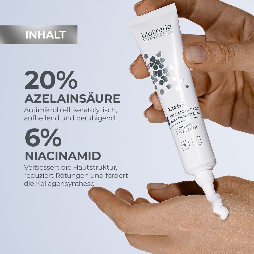 Weiße Tube, Produkt wird ausgedrückt. Text: AzeB3 Intensivpflegecreme. Enthält Azelainsäure und Niacinamid. Aufschrift: Biotrade.
